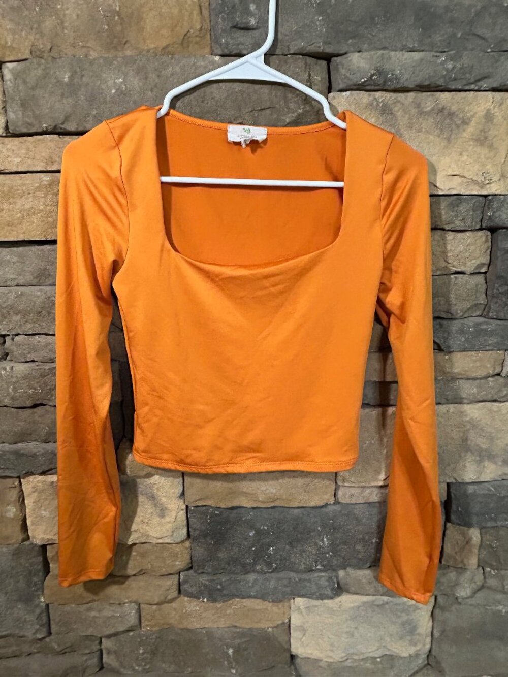 Orange Long Sleeve Crop Top w Modern Square Neckline